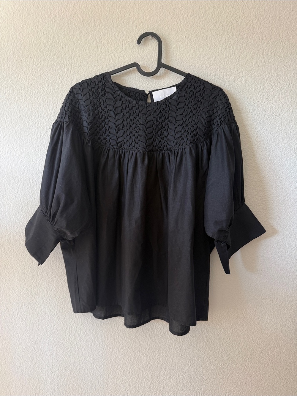 Merlette Black Smocked Yoke Blouse Puff Sleeves Tie Detail Cotton Size S